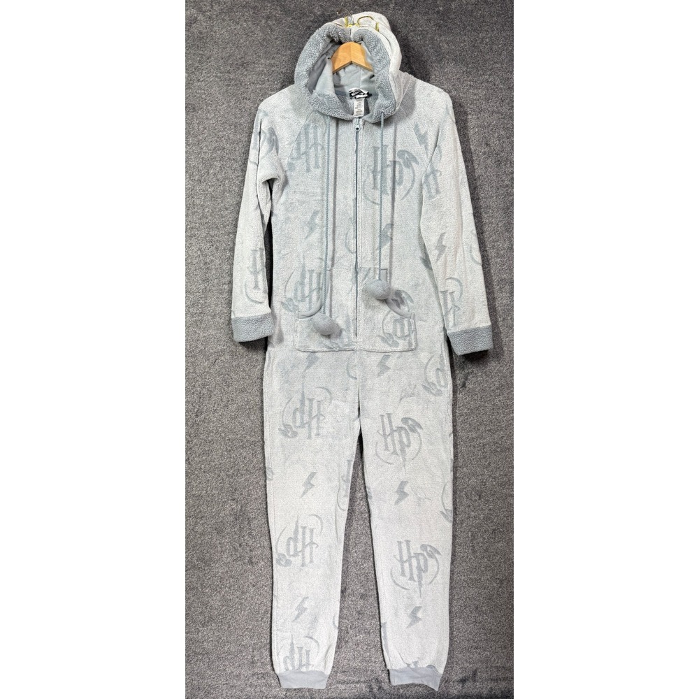 Harry Potter Hogwarts Fleece Union Suit Gray Hooded Pajamas Small